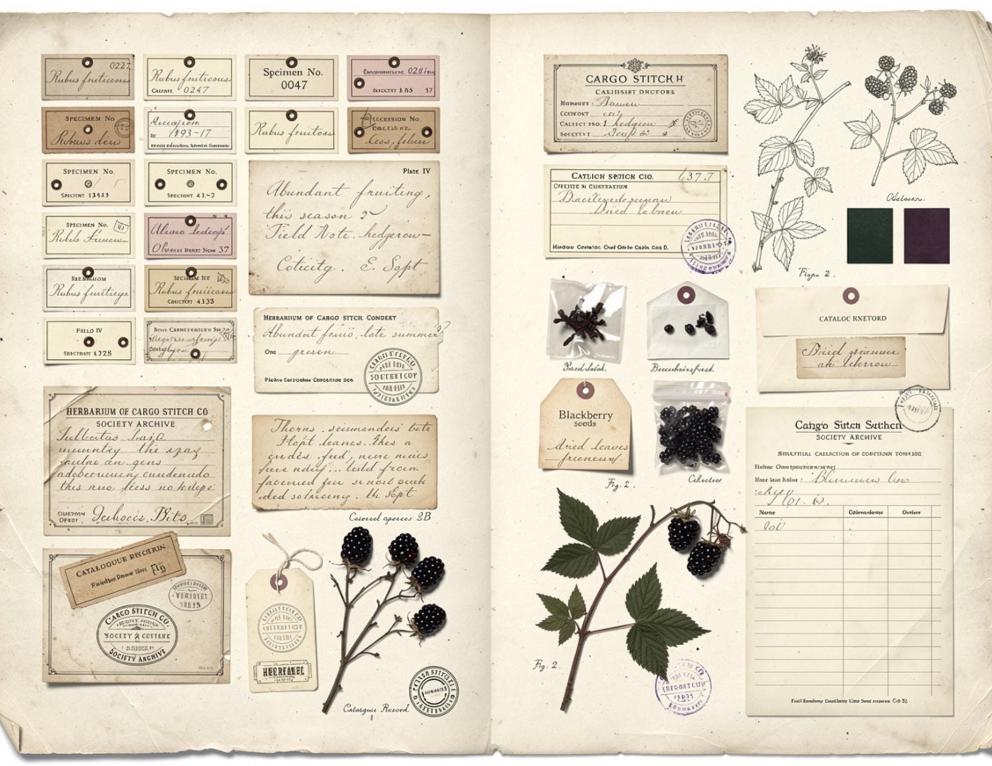 Blackberry Exchange Society Ephemera Collection | 19 Printable Pages, Vintage Botanical Junk Journal Kit | Tags, Labels Tickets Certificates