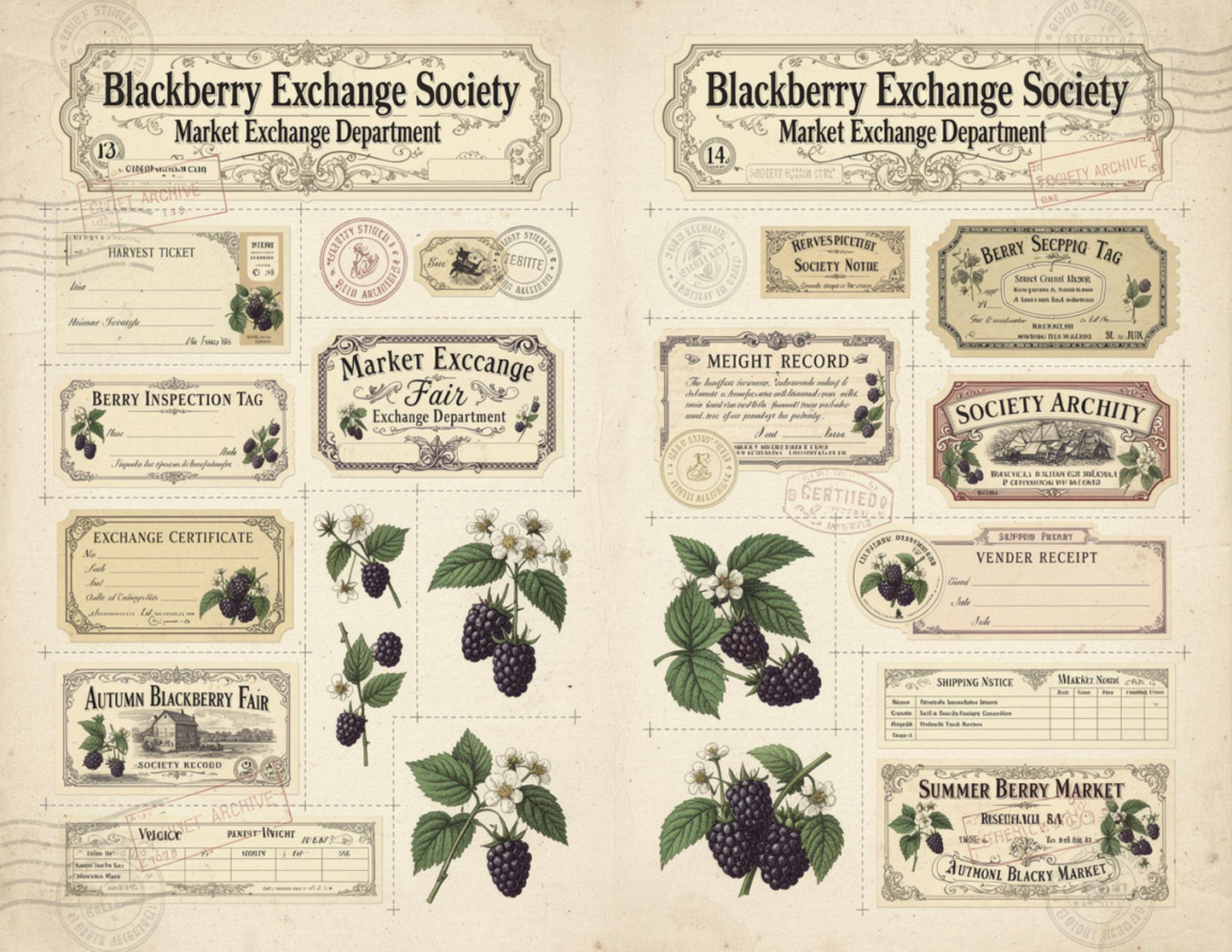 Blackberry Exchange Society Ephemera Collection | 19 Printable Pages, Vintage Botanical Junk Journal Kit | Tags, Labels Tickets Certificates