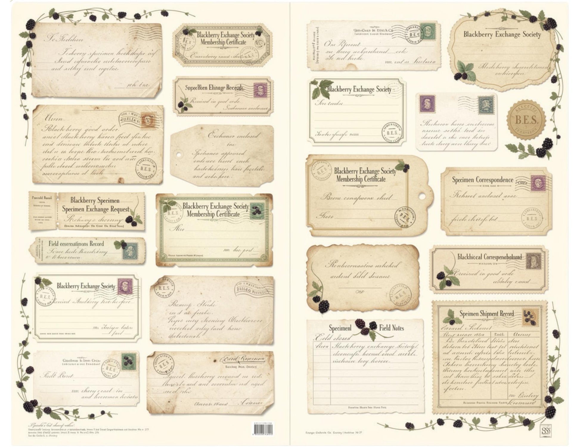 Blackberry Exchange Society Ephemera Collection | 19 Printable Pages, Vintage Botanical Junk Journal Kit | Tags, Labels Tickets Certificates