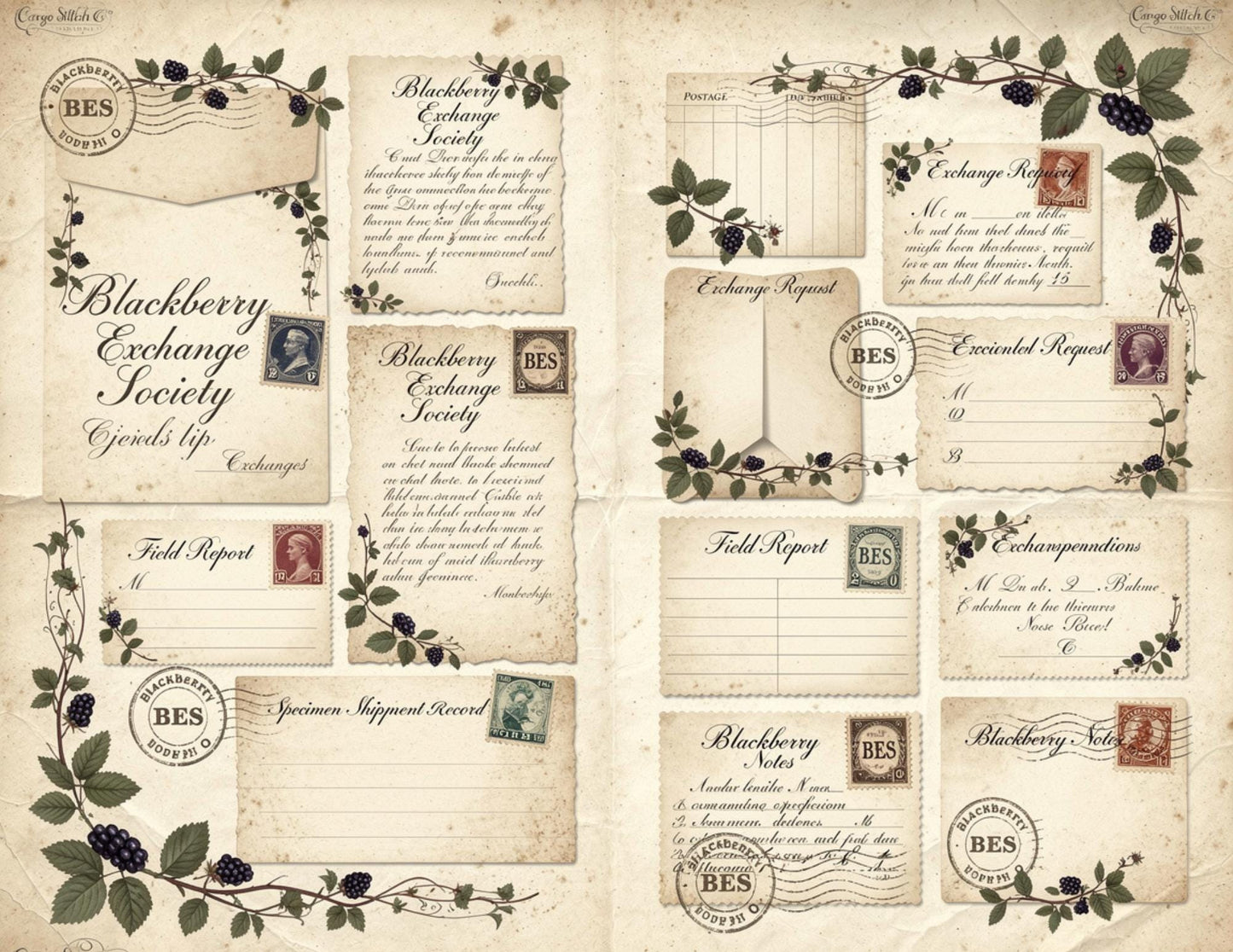 Blackberry Exchange Society Ephemera Collection | 19 Printable Pages, Vintage Botanical Junk Journal Kit | Tags, Labels Tickets Certificates