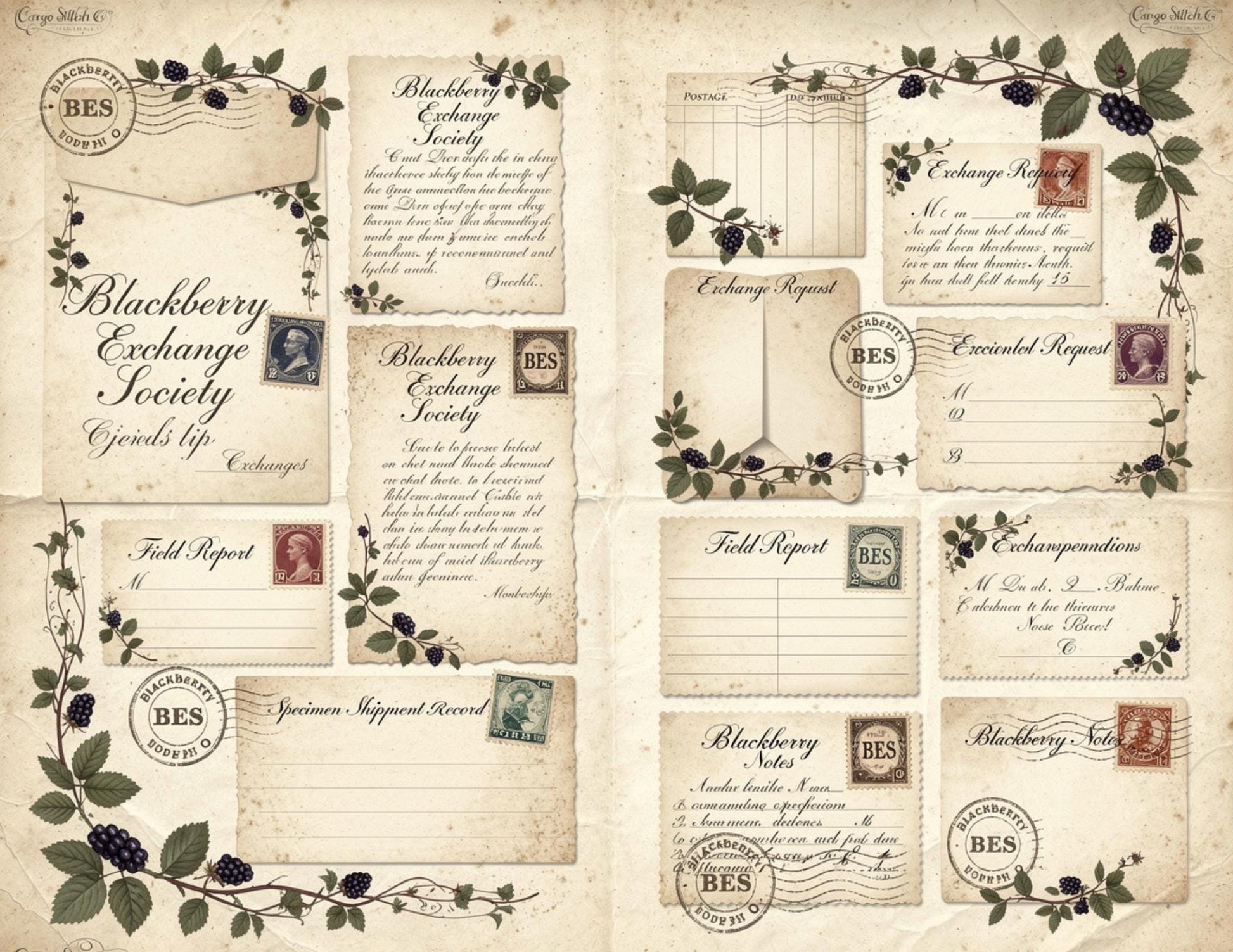Blackberry Exchange Society Ephemera Collection | 19 Printable Pages, Vintage Botanical Junk Journal Kit | Tags, Labels Tickets Certificates
