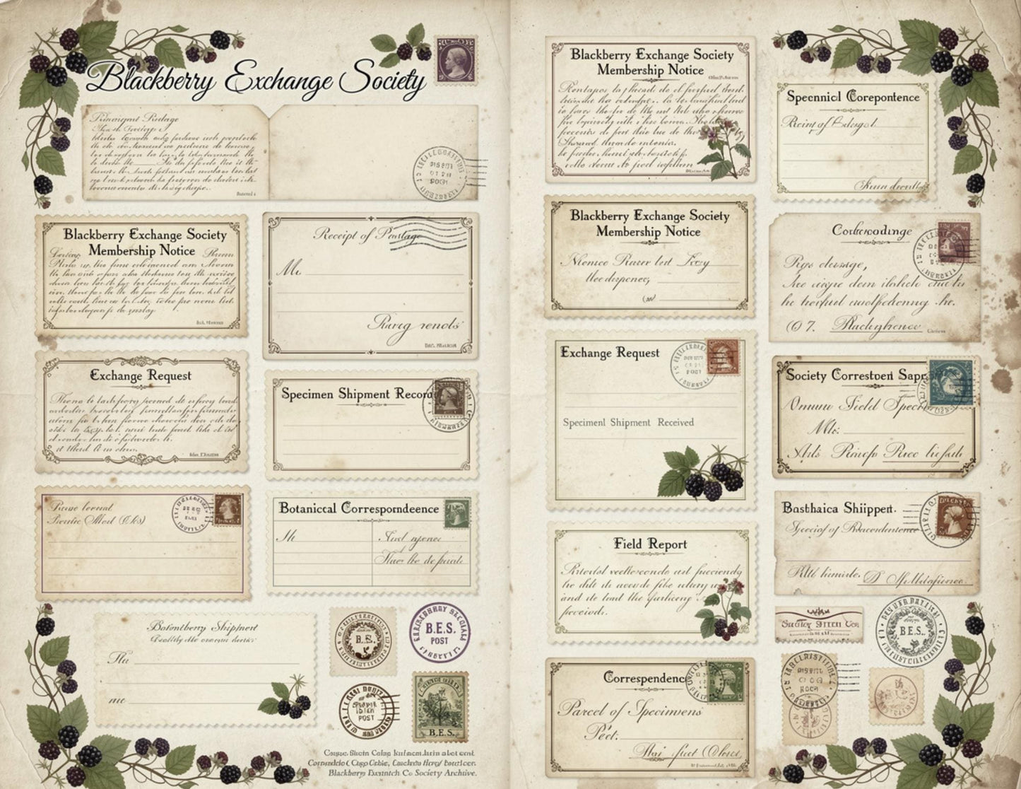 Blackberry Exchange Society Ephemera Collection | 19 Printable Pages, Vintage Botanical Junk Journal Kit | Tags, Labels Tickets Certificates
