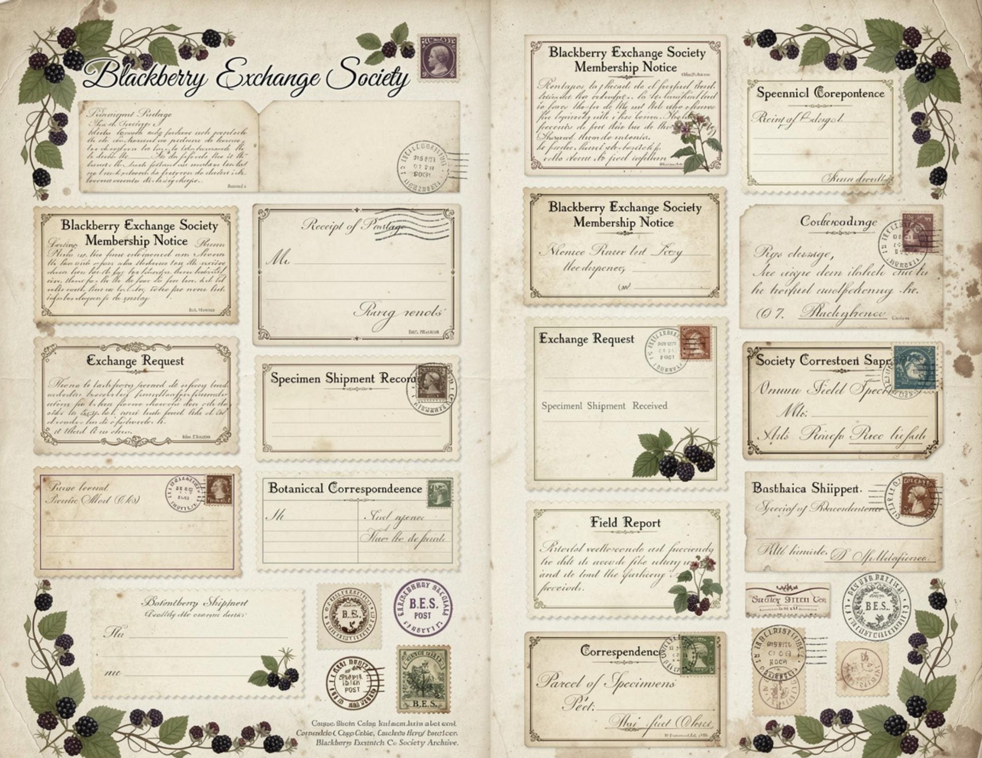 Blackberry Exchange Society Ephemera Collection | 19 Printable Pages, Vintage Botanical Junk Journal Kit | Tags, Labels Tickets Certificates