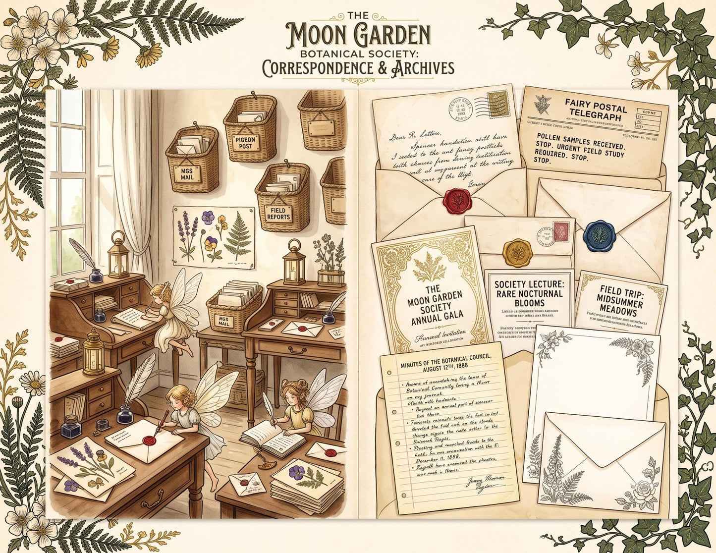 Moon Garden Botanical Society Night Bloom Archive | Botanical Journal Papers, Vintage Herbarium Collection, Printable Junk Journal Ephemera