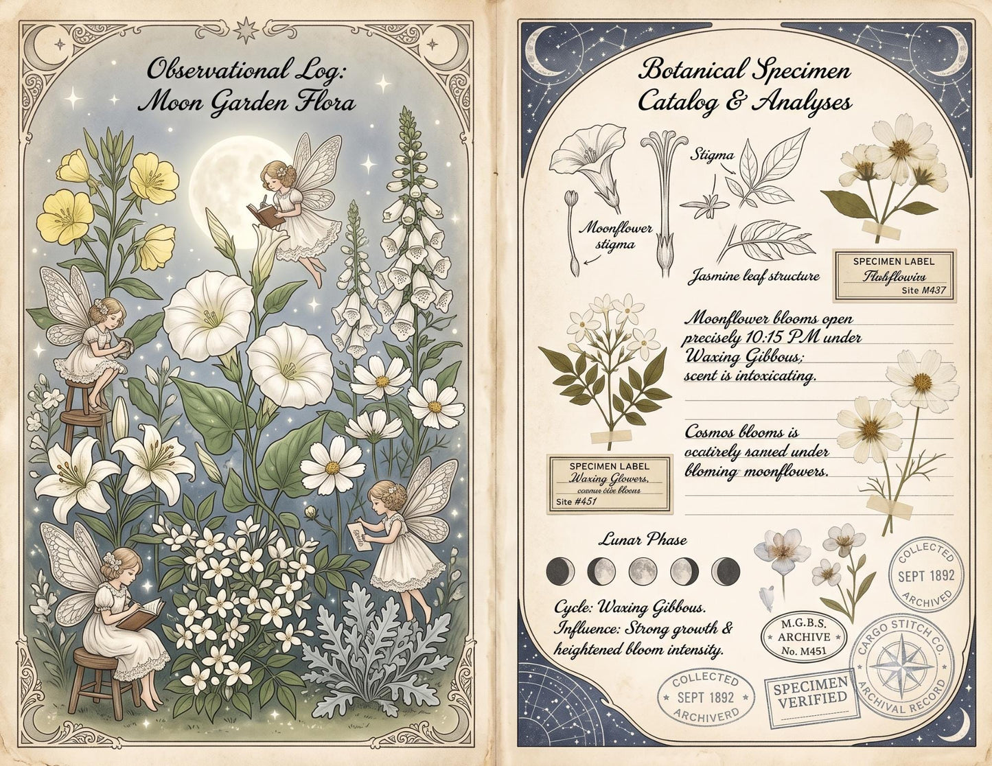 Moon Garden Botanical Society Night Bloom Archive | Botanical Journal Papers, Vintage Herbarium Collection, Printable Junk Journal Ephemera