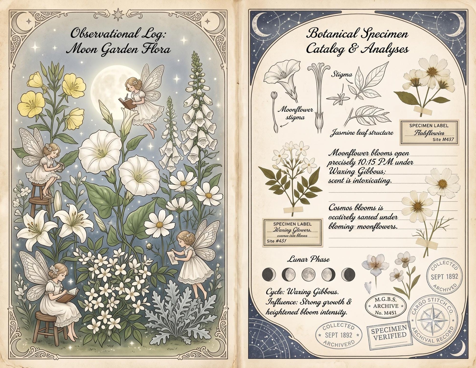 Moon Garden Botanical Society Night Bloom Archive | Botanical Journal Papers, Vintage Herbarium Collection, Printable Junk Journal Ephemera