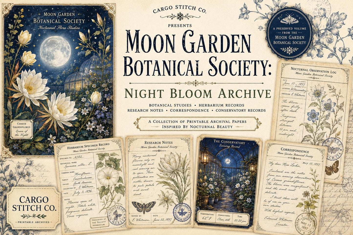 Moon Garden Botanical Society Night Bloom Archive | Botanical Journal Papers, Vintage Herbarium Collection, Printable Junk Journal Ephemera