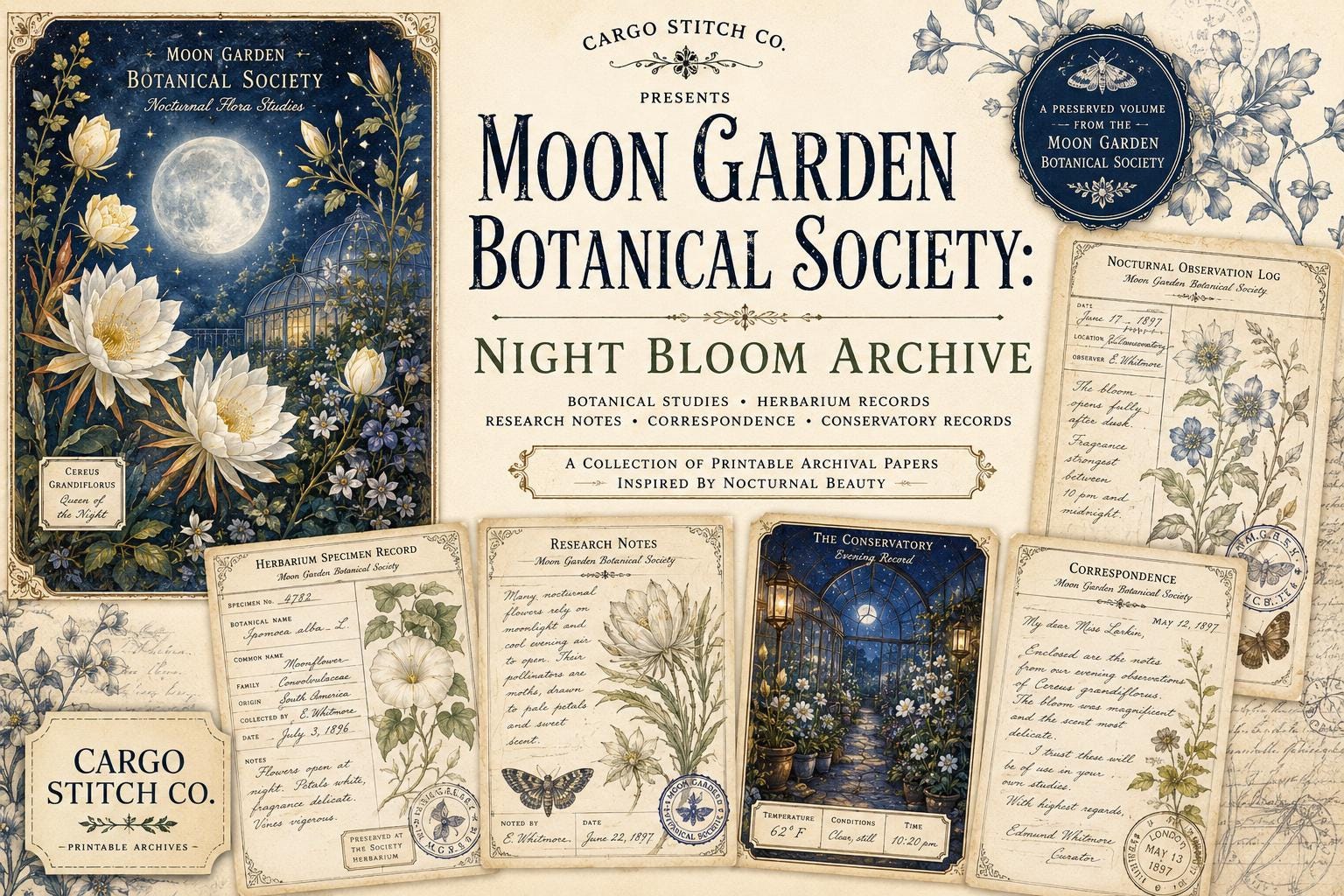 Moon Garden Botanical Society Night Bloom Archive | Botanical Journal Papers, Vintage Herbarium Collection, Printable Junk Journal Ephemera