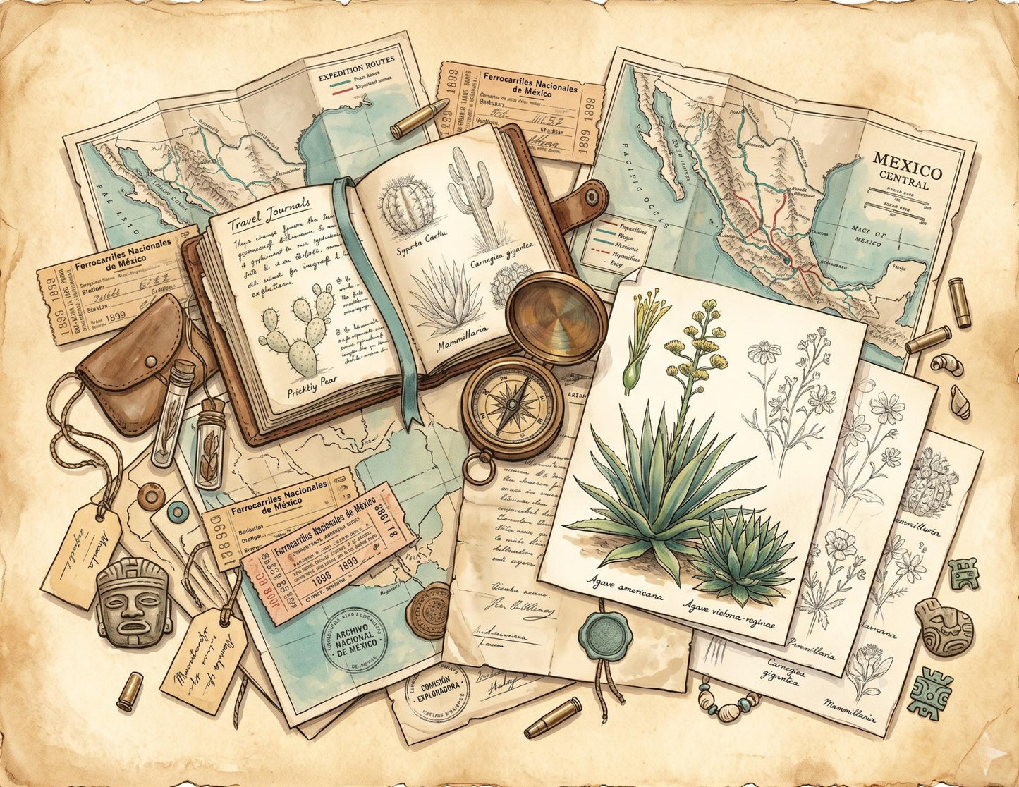 Mexico Expedition Journals Collection | 10 Printable Vintage Explorer Papers | Botanical Maps & Scientific Ephemera | Digital Download