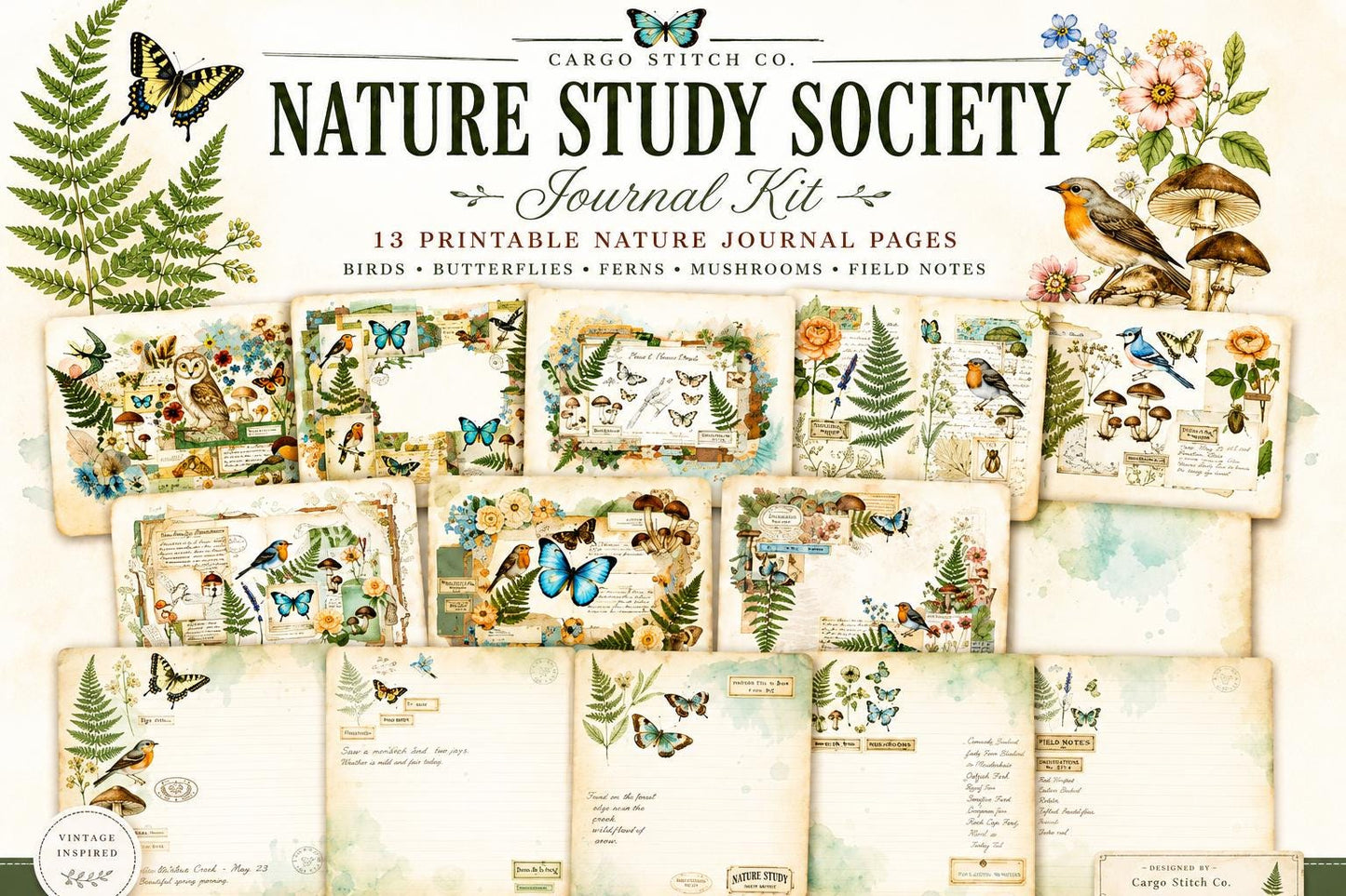 Nature Study Society Journal Kit | 13 Printable Nature Journal Pages | Birds, Butterflies, Ferns & Mushroom Field Notes