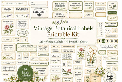 Vintage Botanical Labels Printable | Junk Journal Labels Kit | Planner Labels | Collage Ephemera PDF, 6 Pages, 120+ Labels