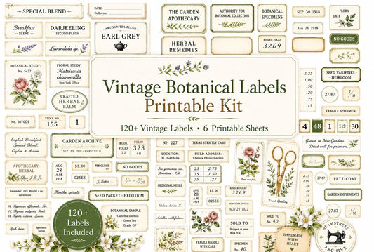 Vintage Botanical Labels Printable | Junk Journal Labels Kit | Planner Labels | Collage Ephemera PDF, 6 Pages, 120+ Labels