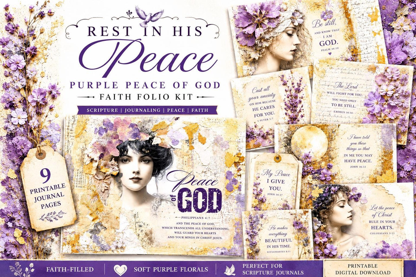 Purple Peace of God Journal Pages | Faith-Based Junk Journal Kit, Christian Printable Pages, Lavender Floral Devotional Papers
