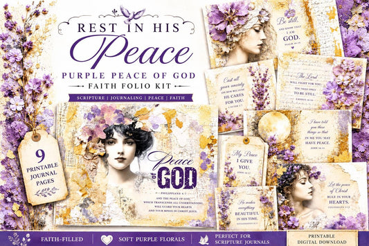 Purple Peace of God Journal Pages | Faith-Based Junk Journal Kit, Christian Printable Pages, Lavender Floral Devotional Papers