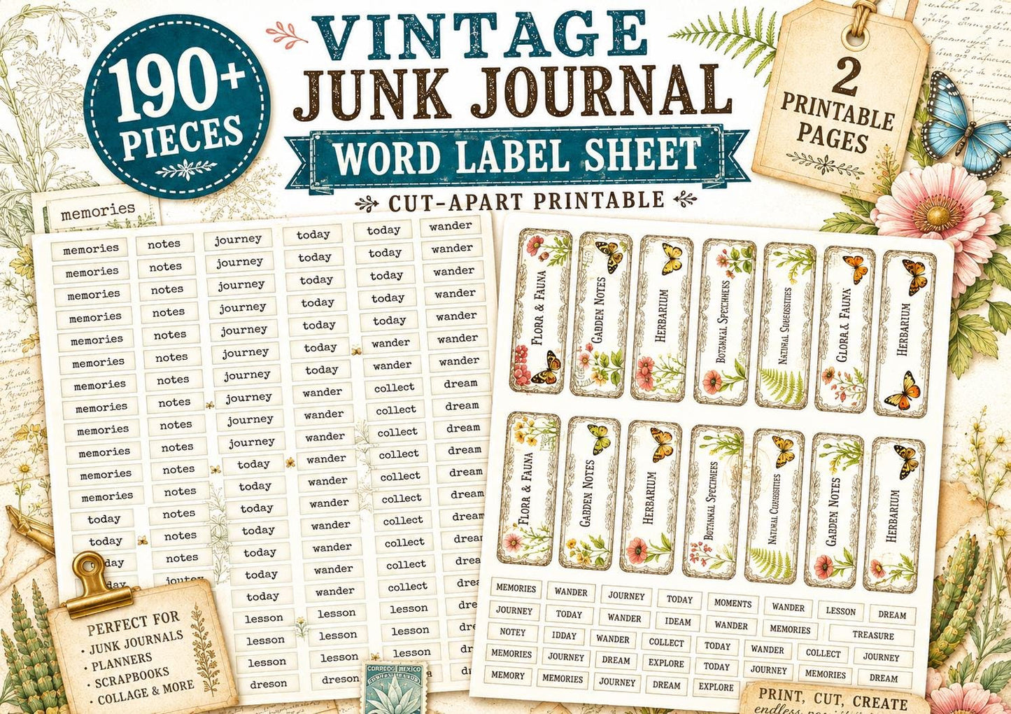 Vintage Junk Journal Word Labels Printable, 190+ Pieces, Typewriter Labels, Botanical Tabs, Neutral Ephemera, 2 Page Digital Download