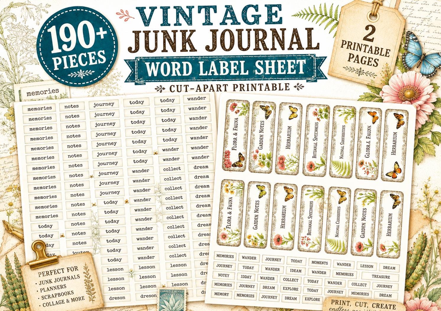 Vintage Junk Journal Word Labels Printable, 190+ Pieces, Typewriter Labels, Botanical Tabs, Neutral Ephemera, 2 Page Digital Download