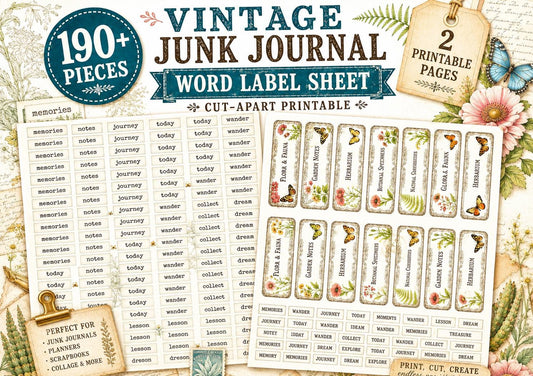 Vintage Junk Journal Word Labels Printable, 190+ Pieces, Typewriter Labels, Botanical Tabs, Neutral Ephemera, 2 Page Digital Download