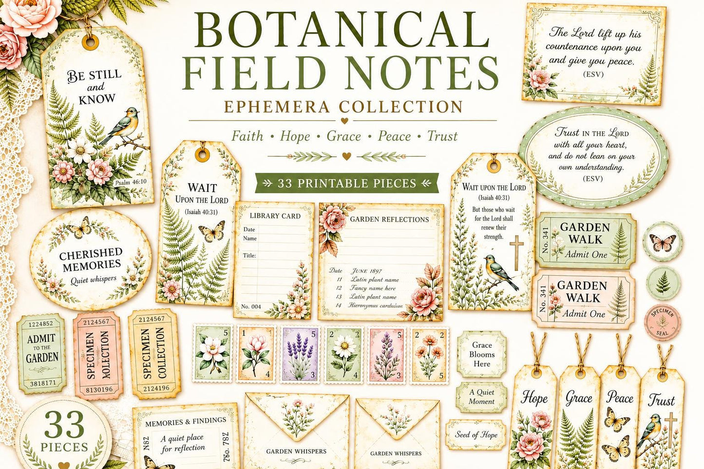 Botanical Field Notes – Whispering Garden Ephemera Collection (33 Pieces) | Faith Junk Journal Kit | Vintage Botanical Tags & Cards