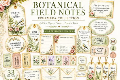 Botanical Field Notes – Whispering Garden Ephemera Collection (33 Pieces) | Faith Junk Journal Kit | Vintage Botanical Tags & Cards