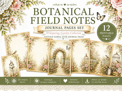 Botanical Field Notes – Journal Pages Set (12 Pages) | Vintage Floral Junk Journal Pages | Garden Papers Printable | Instant Download