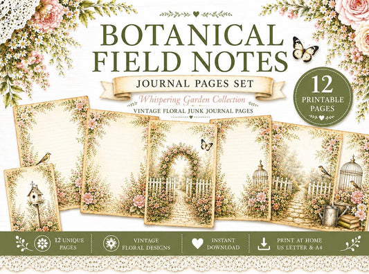 Botanical Field Notes – Journal Pages Set (12 Pages) | Vintage Floral Junk Journal Pages | Garden Papers Printable | Instant Download
