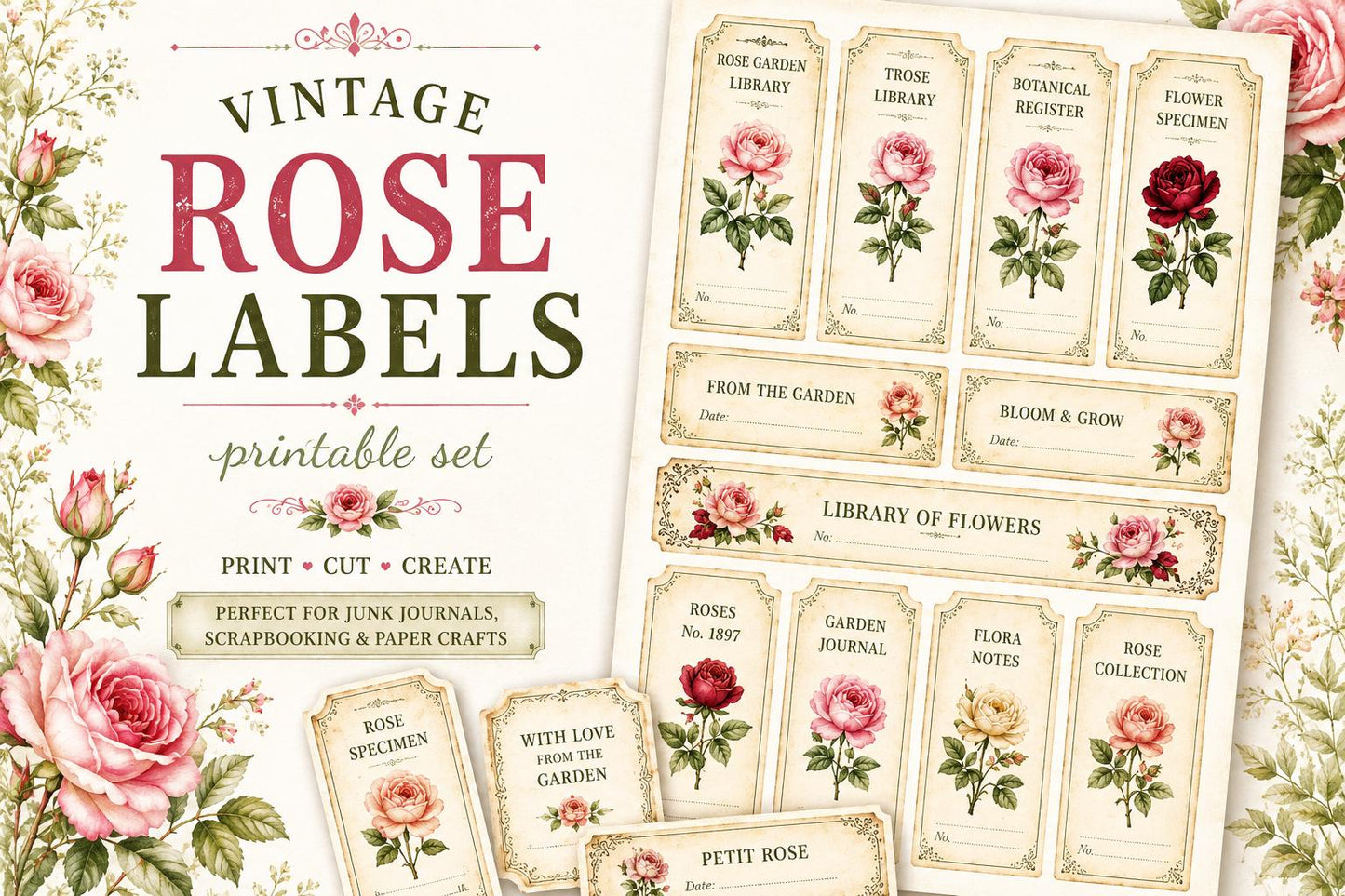 Vintage Rose Labels Printable, Victorian Floral Tags, Junk Journal Labels, Botanical Ephemera Strips