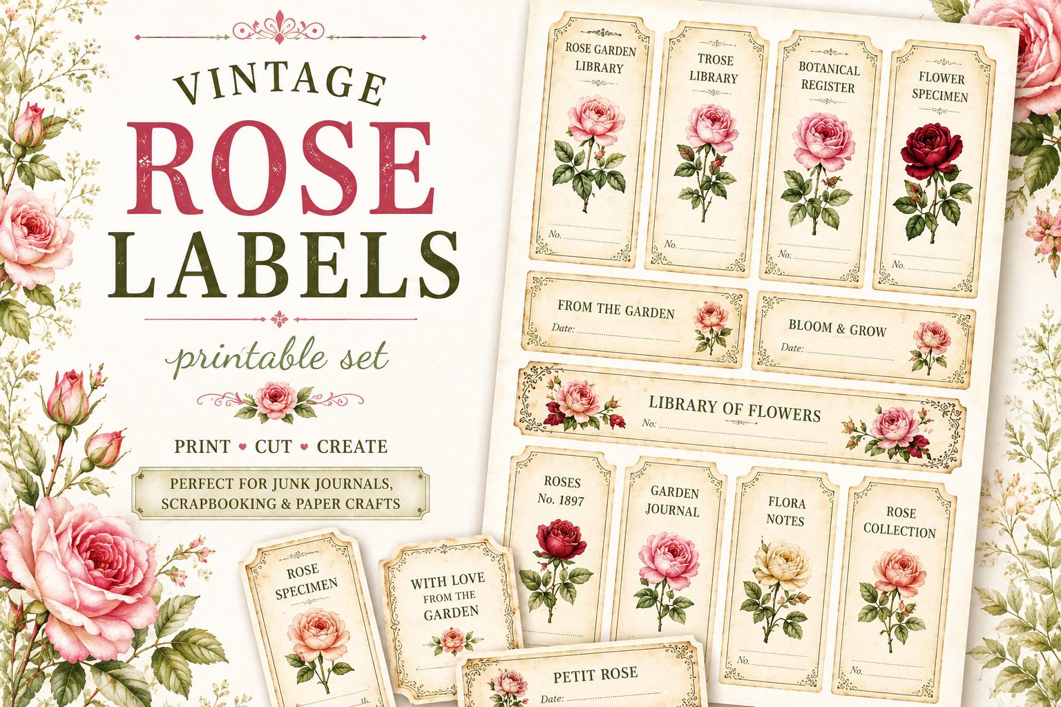 Vintage Rose Labels Printable, Victorian Floral Tags, Junk Journal Labels, Botanical Ephemera Strips