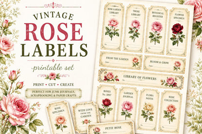 Vintage Rose Labels Printable, Victorian Floral Tags, Junk Journal Labels, Botanical Ephemera Strips