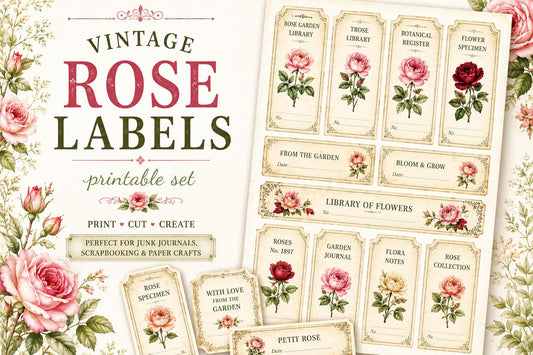 Vintage Rose Labels Printable, Victorian Floral Tags, Junk Journal Labels, Botanical Ephemera Strips