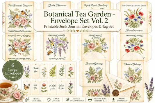 Botanical Tea Garden Envelope Set Vol. 2 | Printable Junk Journal Envelopes | Print At Home | Great For Church Events
