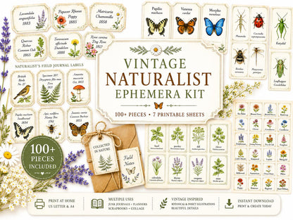 Vintage Naturalist Ephemera Kit | Printable Junk Journal Bundle | Botanical Labels & Specimen Cards