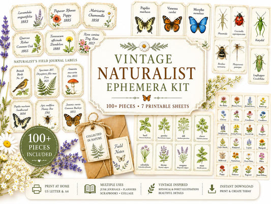 Vintage Naturalist Ephemera Kit | Printable Junk Journal Bundle | Botanical Labels & Specimen Cards