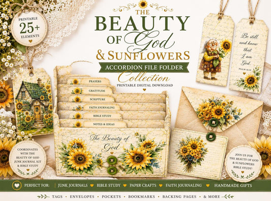 Accordion File Folder The Beauty of God & Sunflowers Collection | Printable Vintage Sunflower Storage Junk Journal Kit Bible Study Ephemera