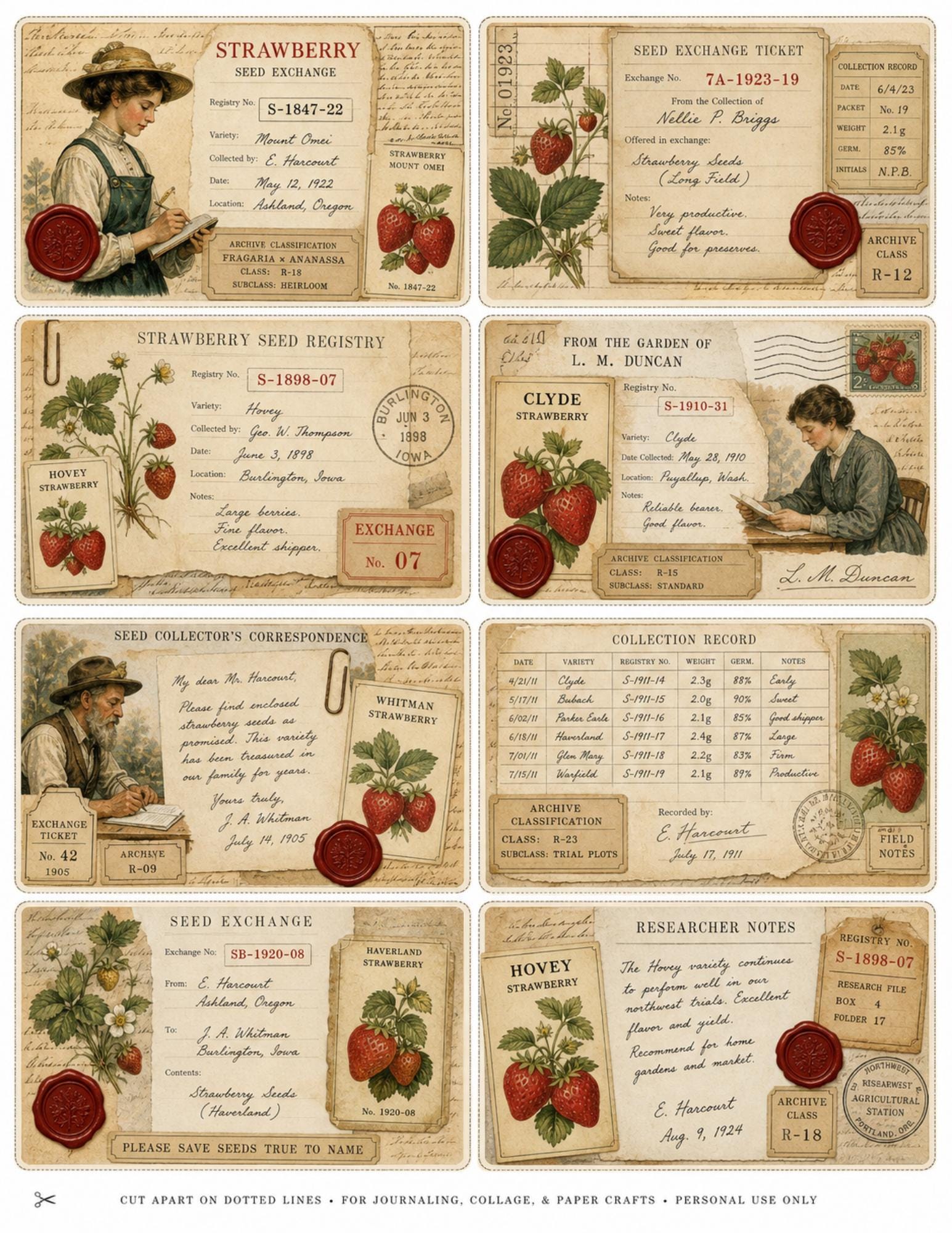 Strawberry Correspondence Archive Ephemera Collection 10 Printable Pages Vintage Strawberry Journal Cards, Labels, Tags, Junk Journal Kit