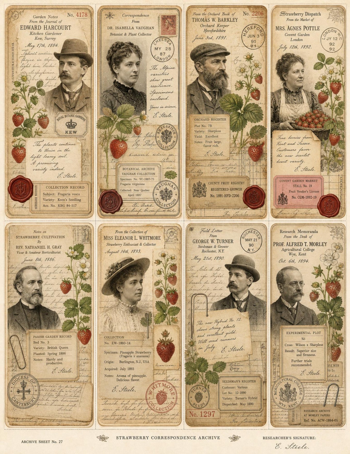 Strawberry Correspondence Archive Ephemera Collection 10 Printable Pages Vintage Strawberry Journal Cards, Labels, Tags, Junk Journal Kit