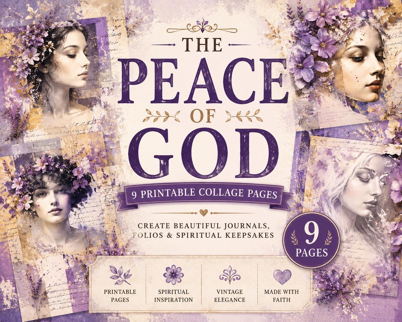 Purple Peace of God Journal Pages | 9 Printable Christian Backgrounds, Faith Junk Journal Kit, Lavender Scripture Pages