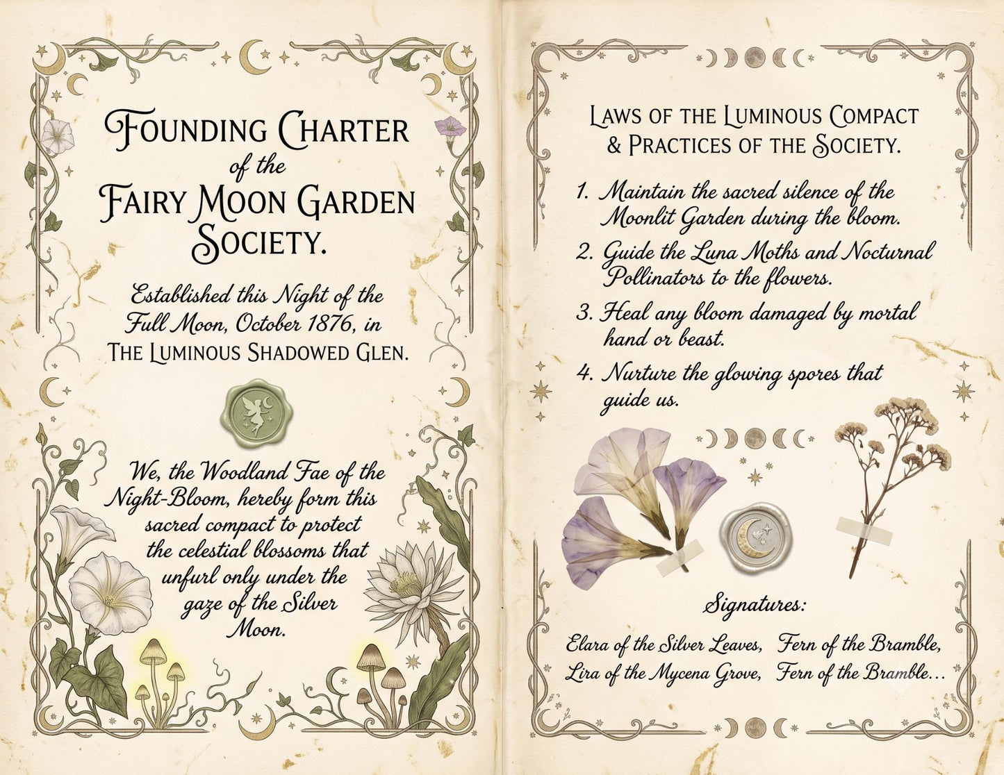 Fairy Moon Garden Society Founding Archives | 17 Printable Junk Journal Pages | Moon Garden Botanical Journal | Fantasy Ephemera