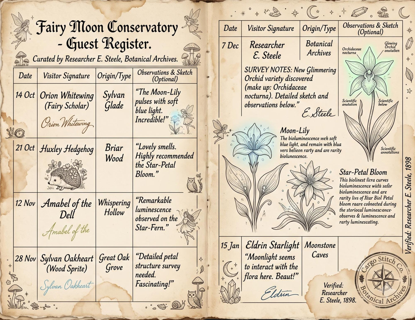 Fairy Moon Garden Society Founding Archives | 17 Printable Junk Journal Pages | Moon Garden Botanical Journal | Fantasy Ephemera
