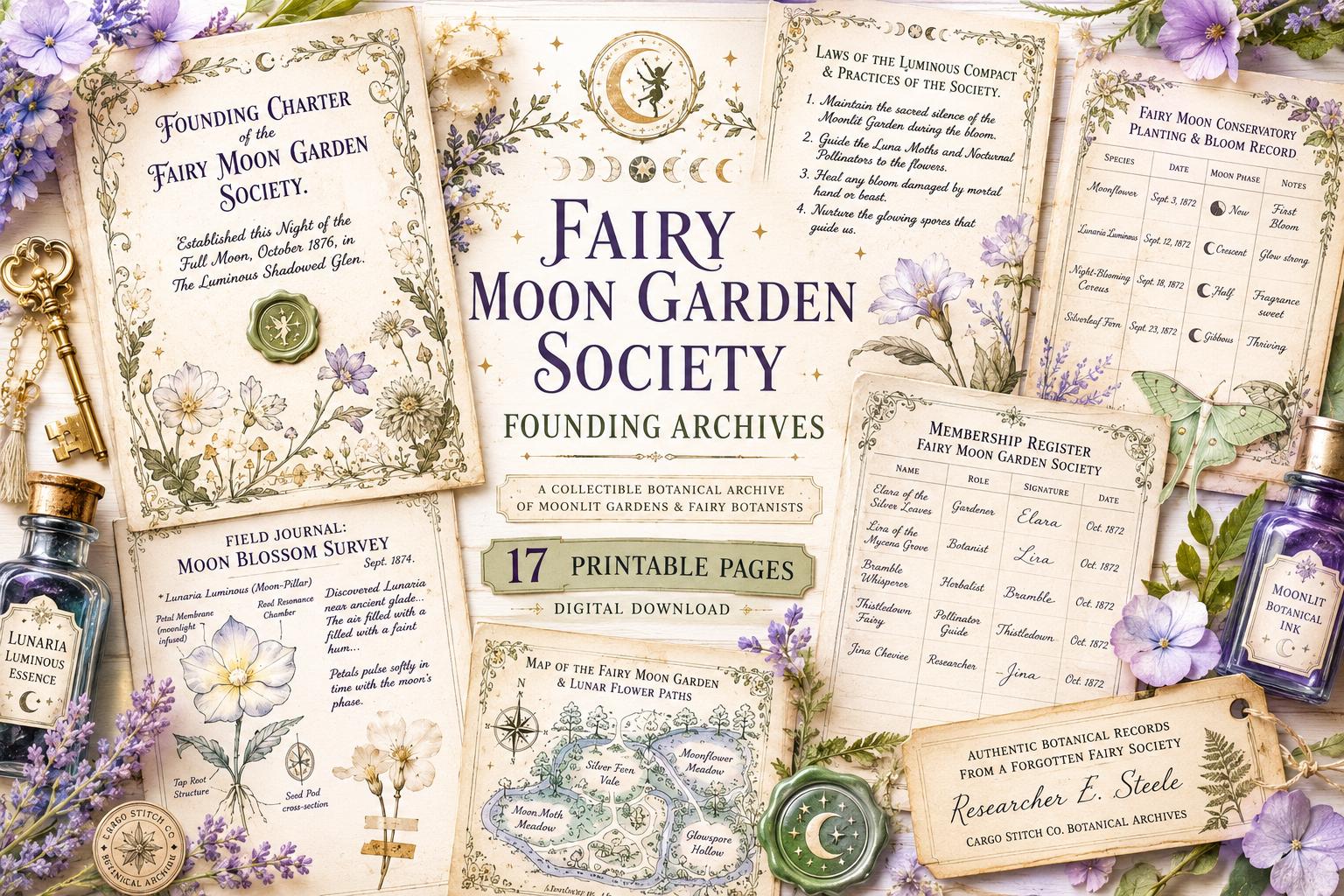Fairy Moon Garden Society Founding Archives | 17 Printable Junk Journal Pages | Moon Garden Botanical Journal | Fantasy Ephemera
