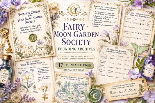 Fairy Moon Garden Society Founding Archives | 17 Printable Junk Journal Pages | Moon Garden Botanical Journal | Fantasy Ephemera