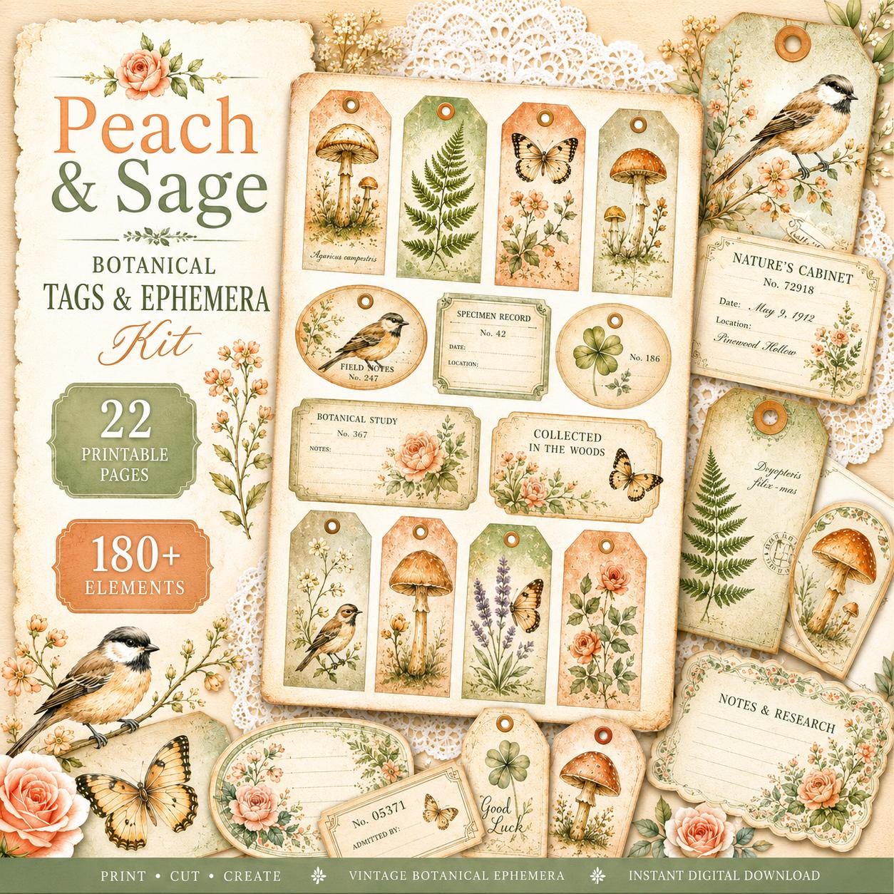 Peach & Sage Botanical Tags Ephemera Kit 22, Printable Pages | Botanical Labels, Journaling Cards, Nature Ephemera