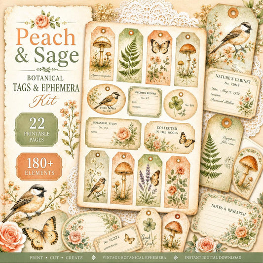 Peach & Sage Botanical Tags Ephemera Kit 22, Printable Pages | Botanical Labels, Journaling Cards, Nature Ephemera
