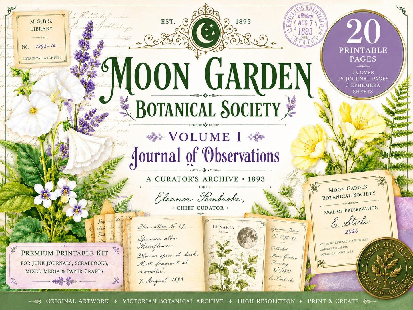 Moon Garden Botanical Society Volume I: Journal of Observations | 20 Printable Junk Journal Pages | Victorian Botanical Archive