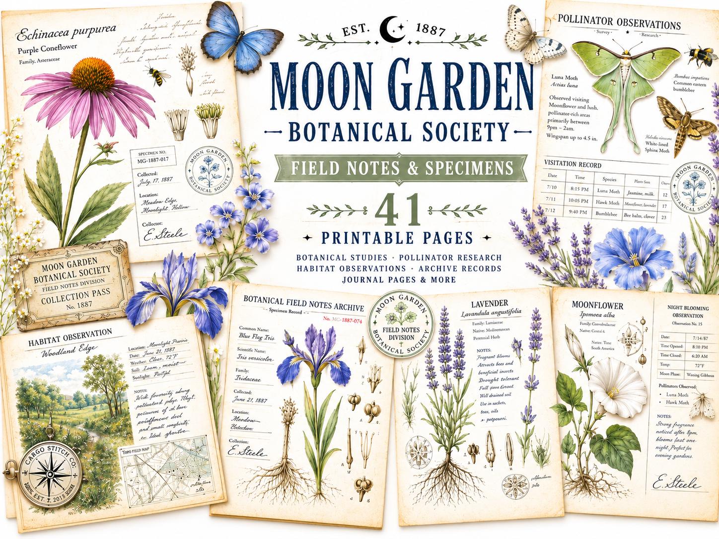Moon Garden Botanical Society Field Notes & Specimens | Botanical Journal Pages | Vintage Nature Archive | Printable Junk Journal Kit