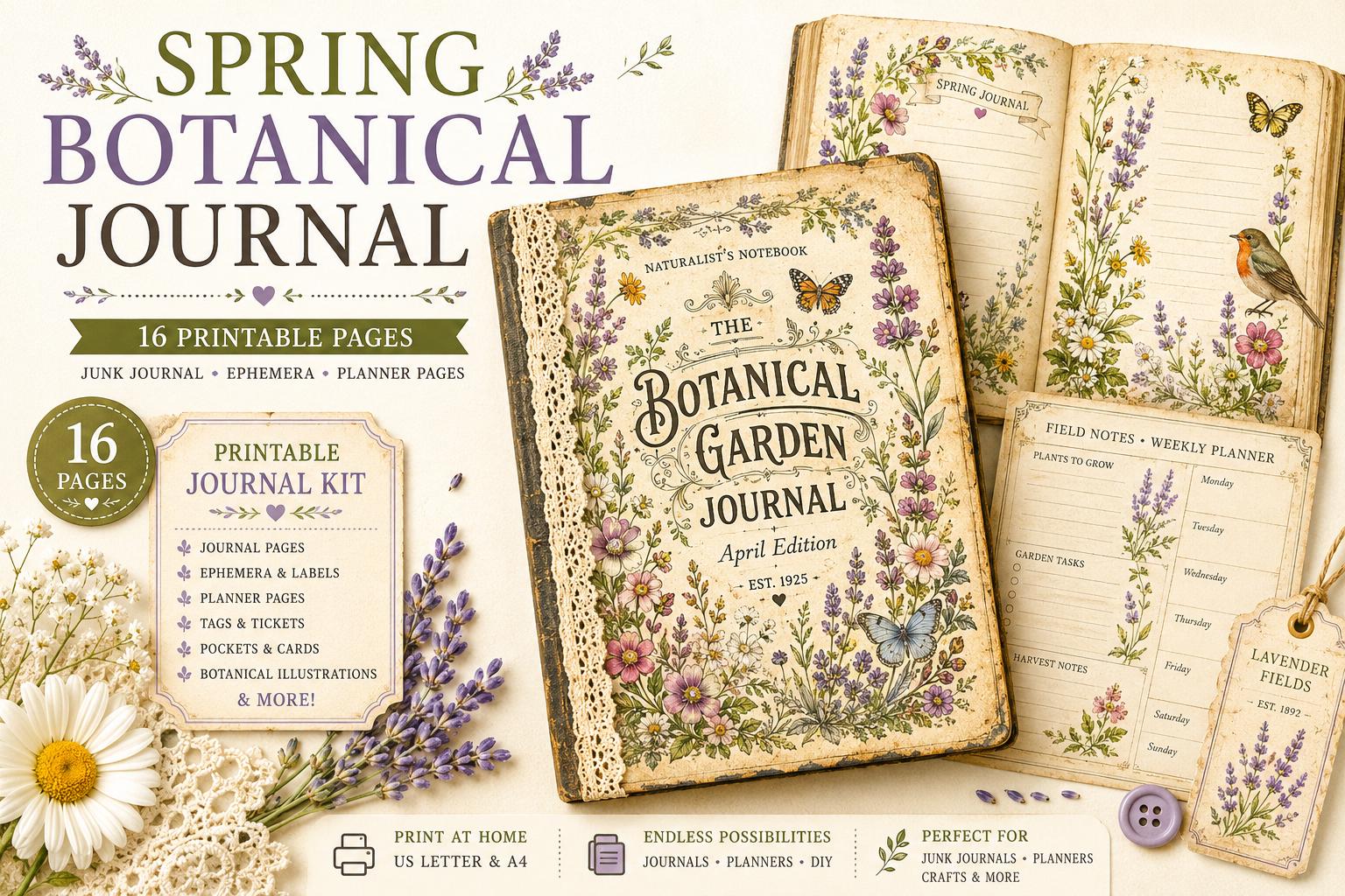 Spring Botanical Journal Printable Kit, Vintage Garden Journal Pages, Junk Journal Ephemera, Nature Planner, Botanical Cards & Envelope