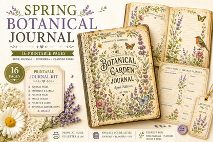 Spring Botanical Journal Printable Kit, Vintage Garden Journal Pages, Junk Journal Ephemera, Nature Planner, Botanical Cards & Envelope