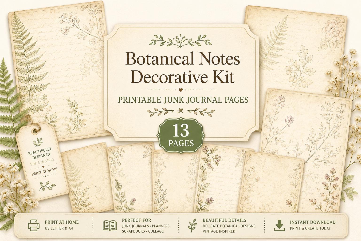 Botanical Notes Decorative Kit | Printable Junk Journal Pages | Vintage Botanical Paper Pack | Instant Download | 8.5x11 PDF