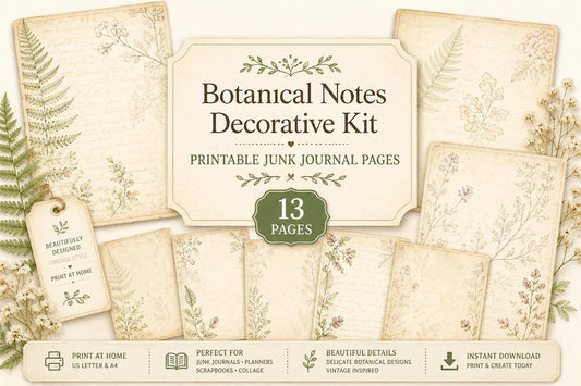 Botanical Notes Decorative Kit | Printable Junk Journal Pages | Vintage Botanical Paper Pack | Instant Download | 8.5x11 PDF