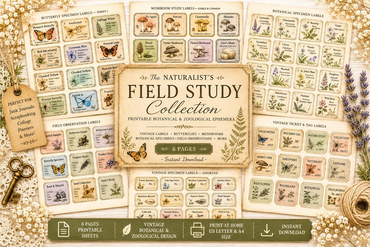 Naturalist’s Field Study Collection | Printable Botanical & Zoological Ephemera, Vintage Specimen Labels, Junk Journal Kit