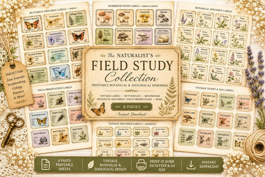 Naturalist’s Field Study Collection | Printable Botanical & Zoological Ephemera, Vintage Specimen Labels, Junk Journal Kit